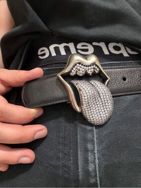 Chrome Hearts Black Belt with Silver Rhinestone Rolling Stones Buckle